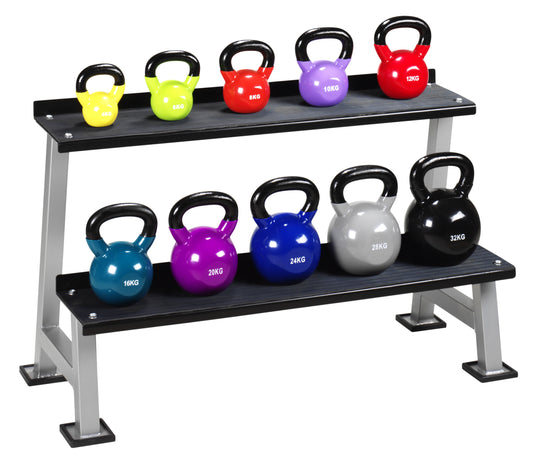 Kettlebells Vinyl Spezialpaket (10 Kettlebells von 4 KG -32 KG + Aufbewahrungssystem)