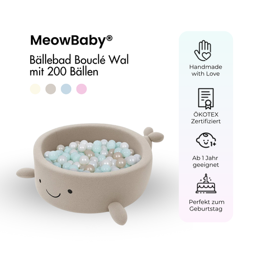 MeowBaby Bällebad kleiner Wal Shelly Bouclé, 200 Bälle - eigene Farbauswahl